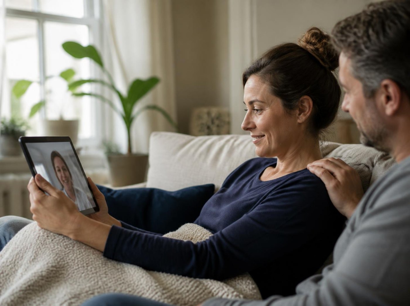 Eine Frau liegt mit Decke auf dem Sofa und spricht per Tablet mit ihrer Ärztin, ihr Partner legt ihr die Hand auf die Schulter